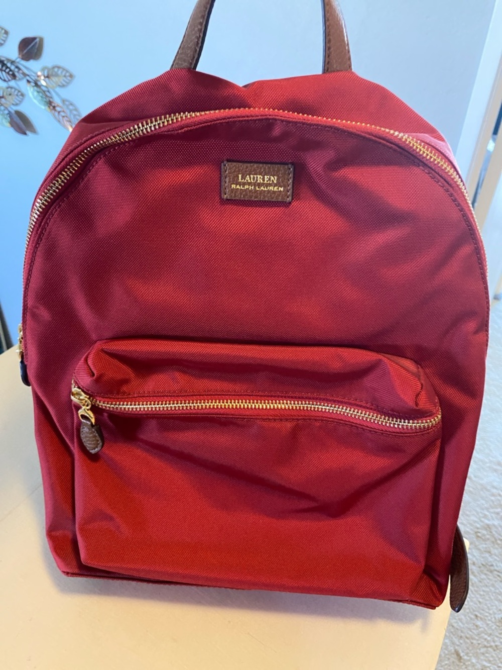Lauren Ralph Lauren Crimson Nylon Backpack with Gold Hardware